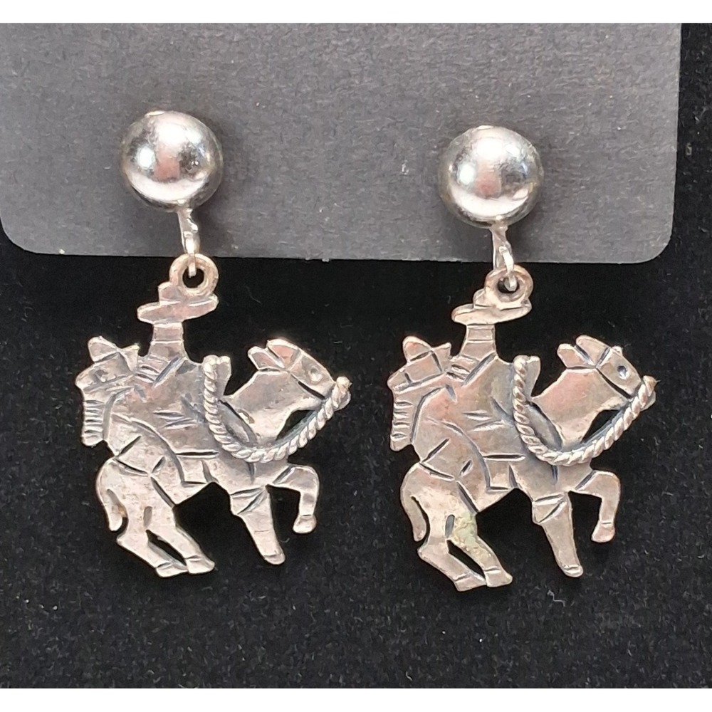 Sancrest R Western Cowboy Horseback Earrings Vintage 1950s Silver Tone Dangle